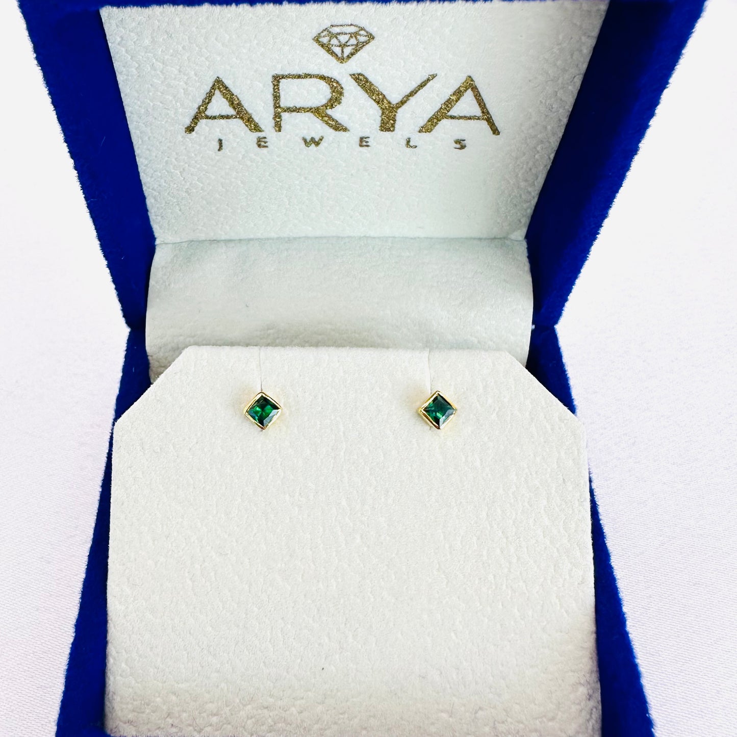 22k solid gold small square earrings - green