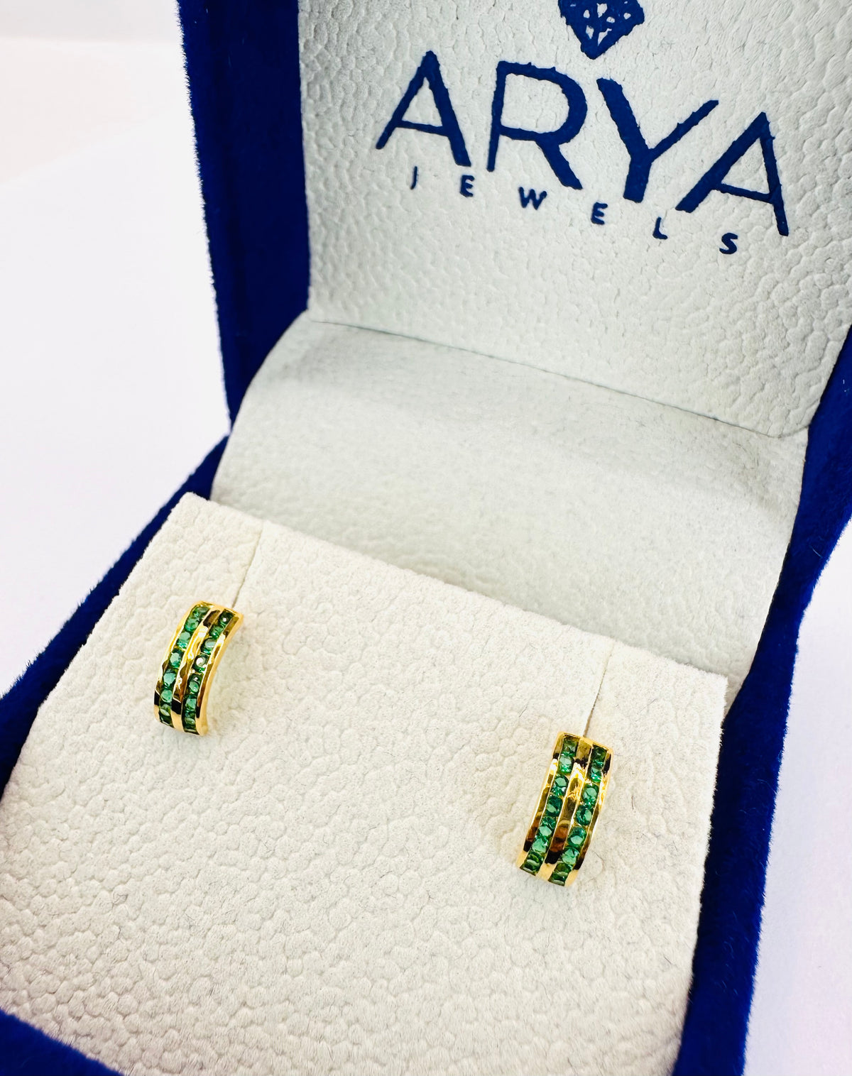 22k Solid Gold Huggie Earrings: Green Cubic Zirconia