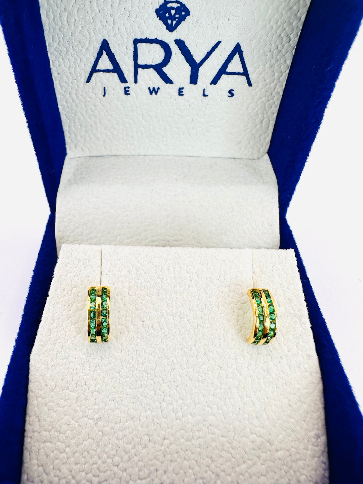 22k Solid Gold Huggie Earrings: Green Cubic Zirconia
