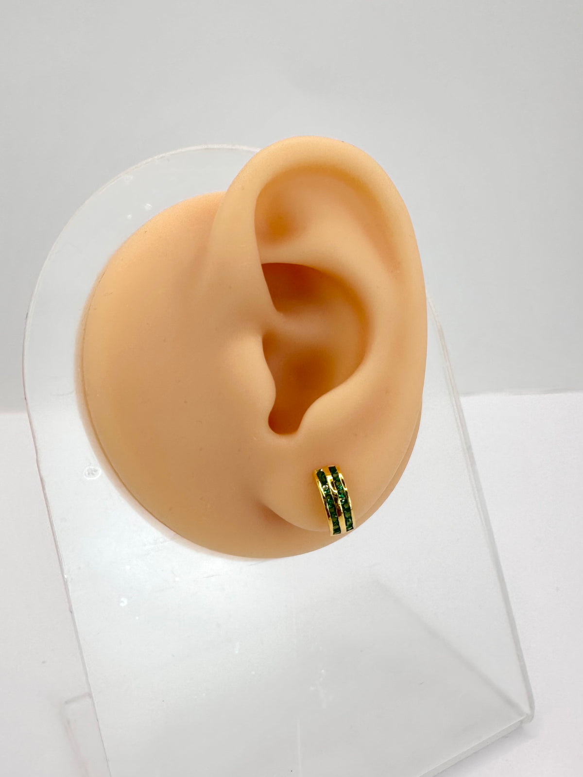 22k Solid Gold Huggie Earrings: Green Cubic Zirconia