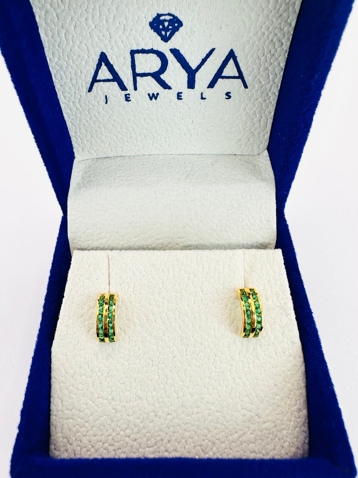 22k Solid Gold Huggie Earrings: Green Cubic Zirconia
