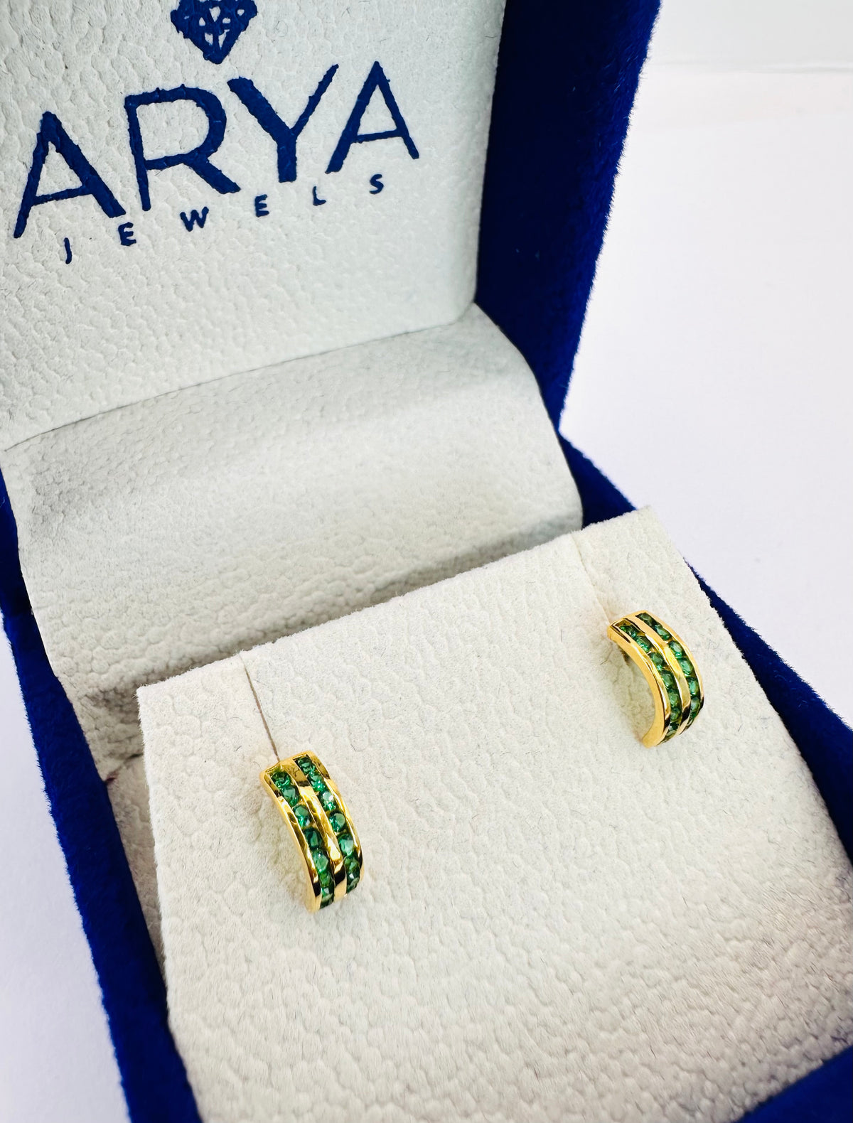 22k Solid Gold Huggie Earrings: Green Cubic Zirconia