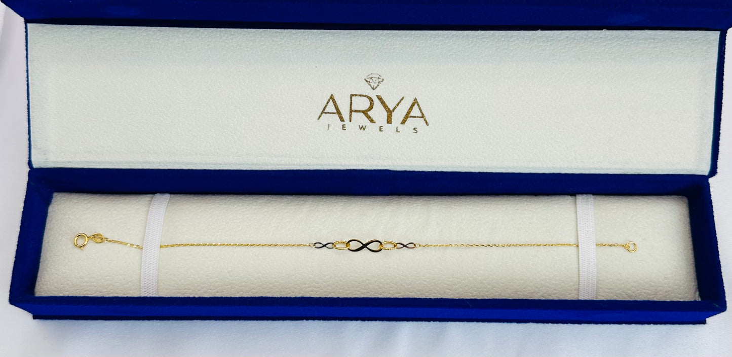 22k solid gold infinity bracelet with tricolour charms